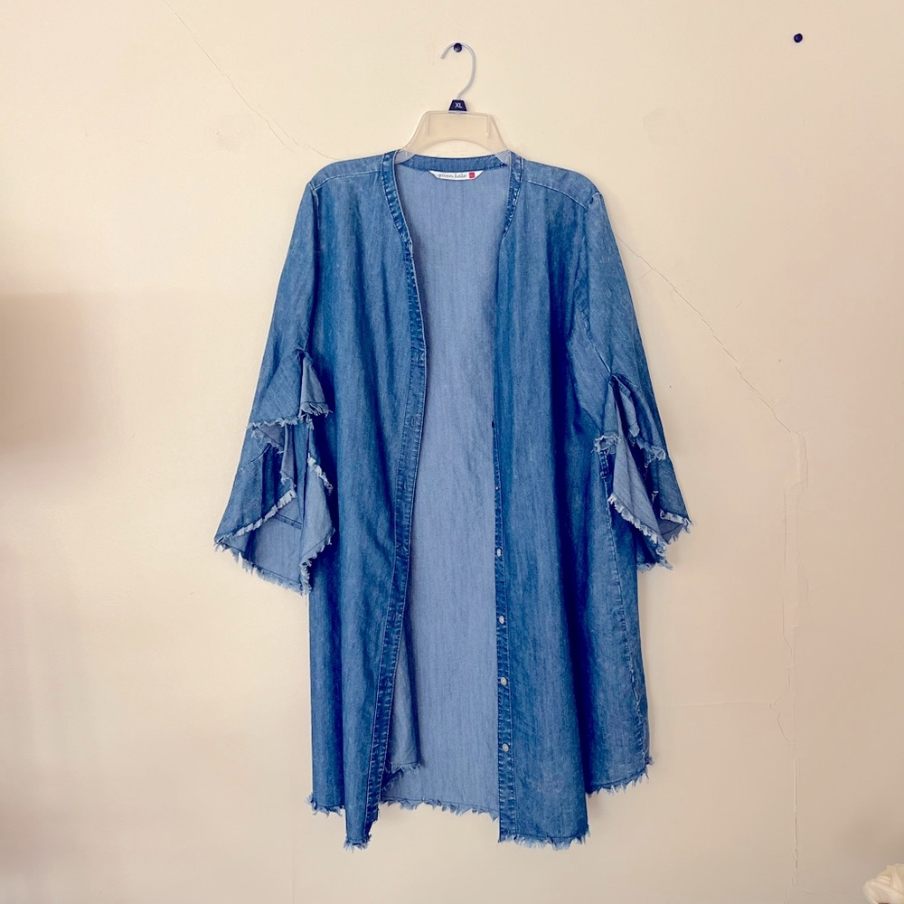 Denim Boho Kimono Jacket with Frayed Hem and Bell Sleeves